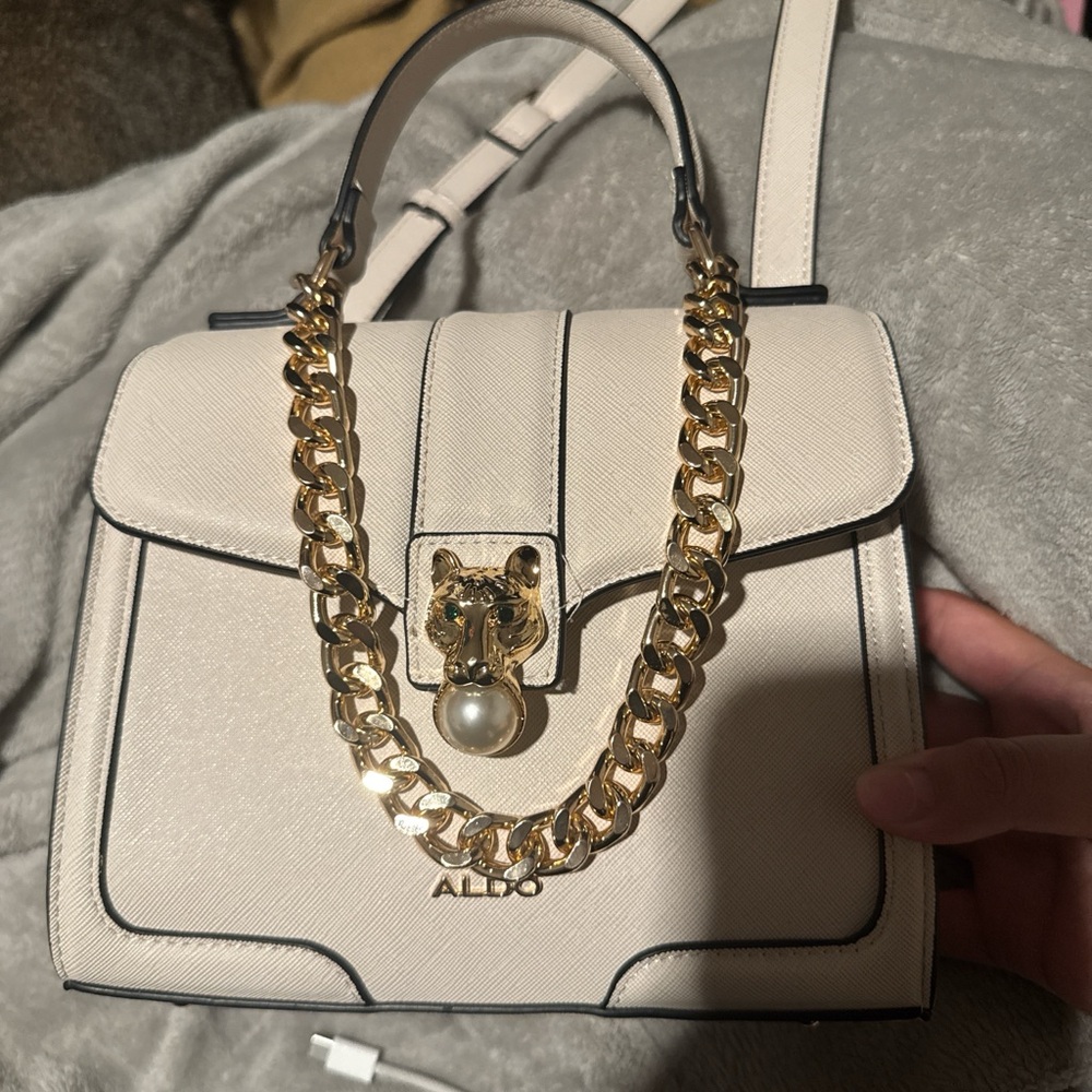 Aldo Cream Satchel with Gold Chain Accent